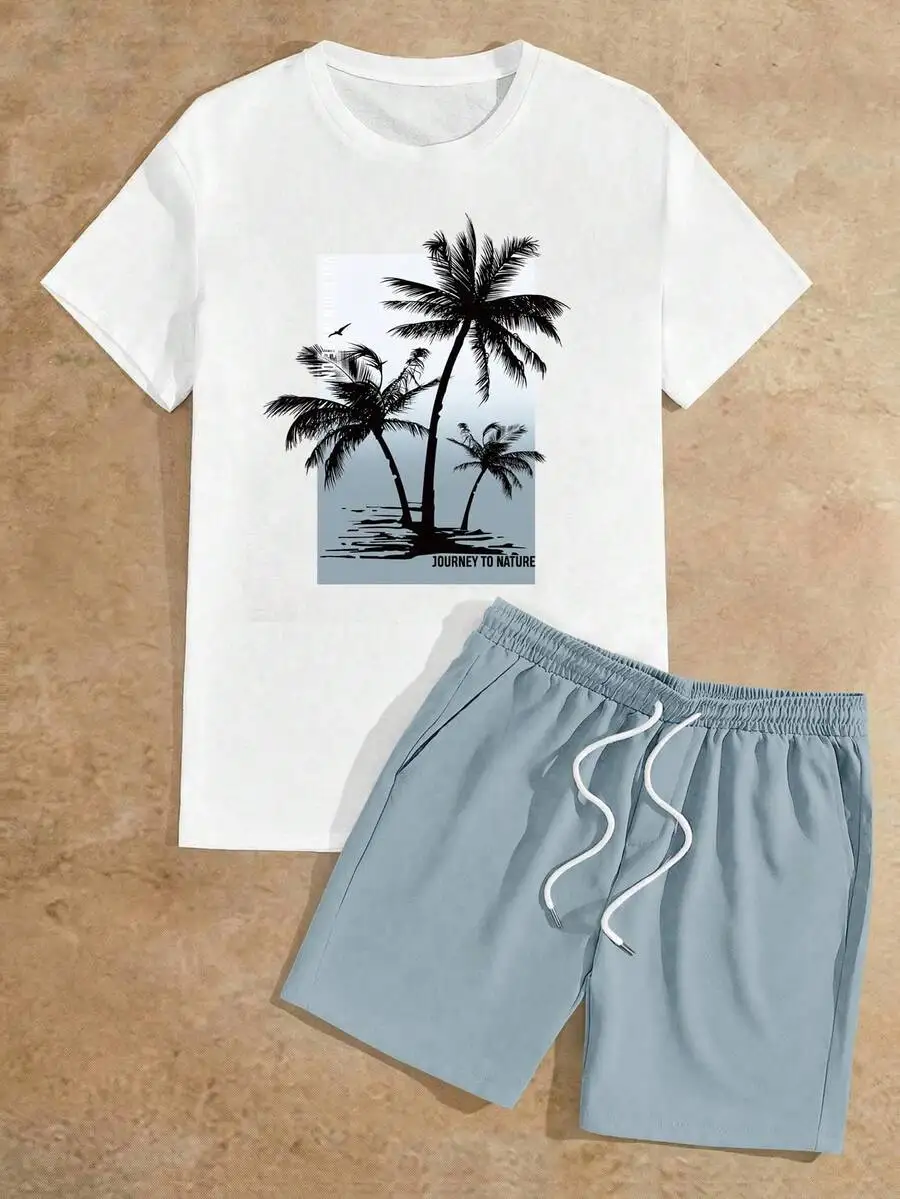 Men Tropical Print T-Shirt And Drawstring Waist Shorts Vacation Casual Outfit