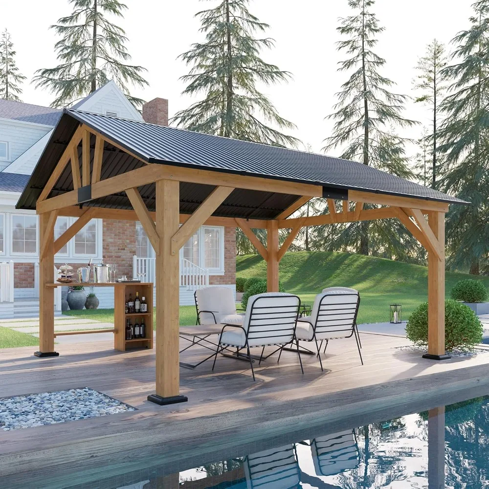 

Wood Outdoor Gazebo with Bar Storage, Hardtop Wooden with Metal Steel Gable Roof, Patio,Wood Gazebo for Garden