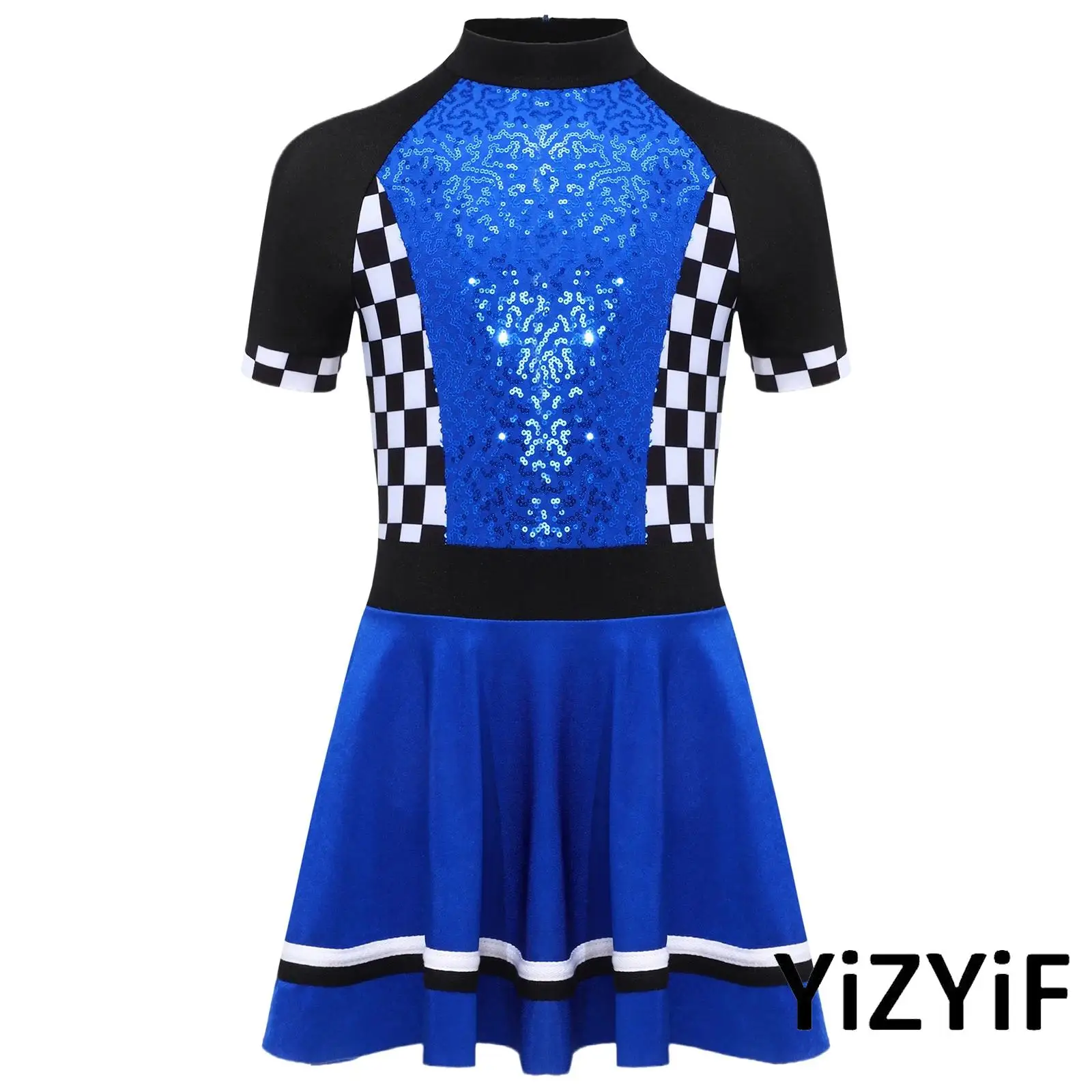

Girls Halloween Cosplay Racing Driver Costume Invisible Zipper Color Block Shiny Sequins Dress for Easter Role-play Theme Party