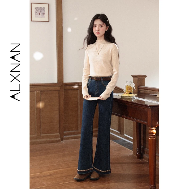 

ALXNAN Vintage Dark Blue Flared Jeans Women Slim Fit Straight Wide Leg Pants 2026 Elegant Office Female Baggy Denim Pants L59033