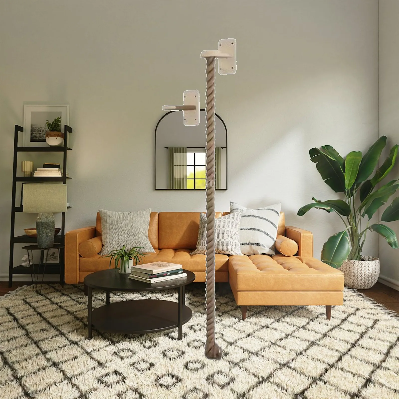 Wall Mounted Cat Tower Wooden Structure 160cm Sisal Rope Scratch Post with Two Platforms for Large Cats Indoor Space Saving Use