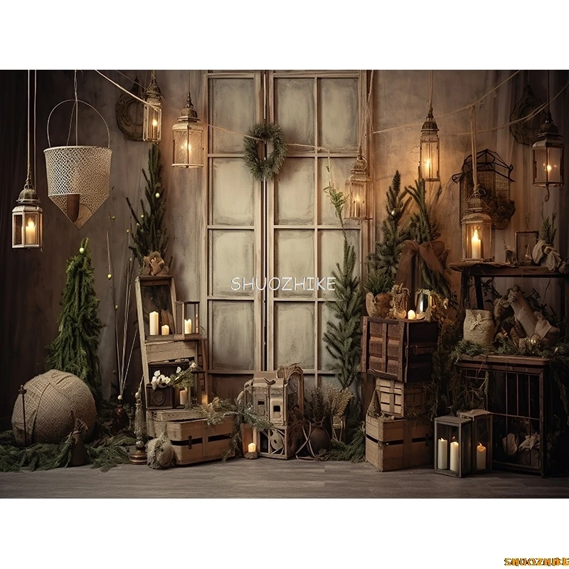 Fondos de fotografía del día de Navidad Prop chimenea ventana invierno decoración de árbol de Navidad guirnalda de flores fondo de puerta de madera JU-12