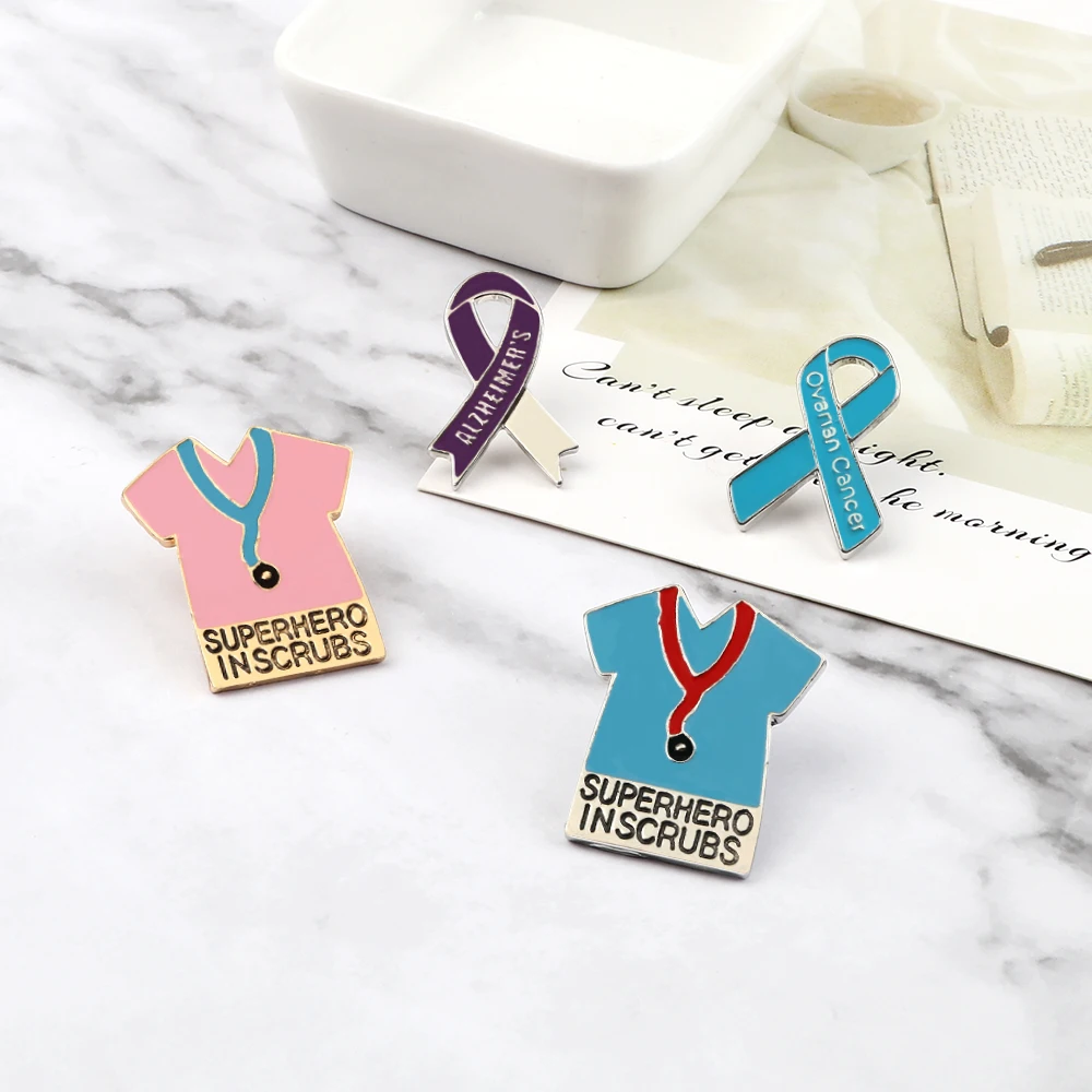 Ribbon Surgical Gown Brooch Superhero Stay Away Ovarian Cancer Alzheimer's Enamel Pins Men Women Doctor Jewelry Accessories Gift