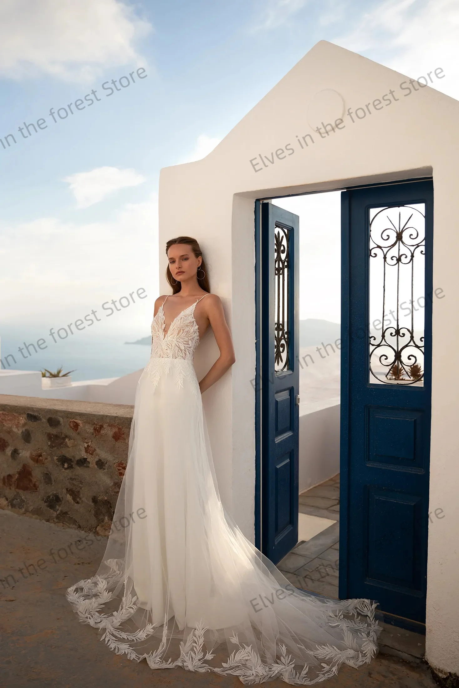 ボヘミアンサマーブライダルドレス女性用魅力的なAラインウェディングドレスレースアップリケ付きセクシーなカスタマイズされたVestidos De Mariee