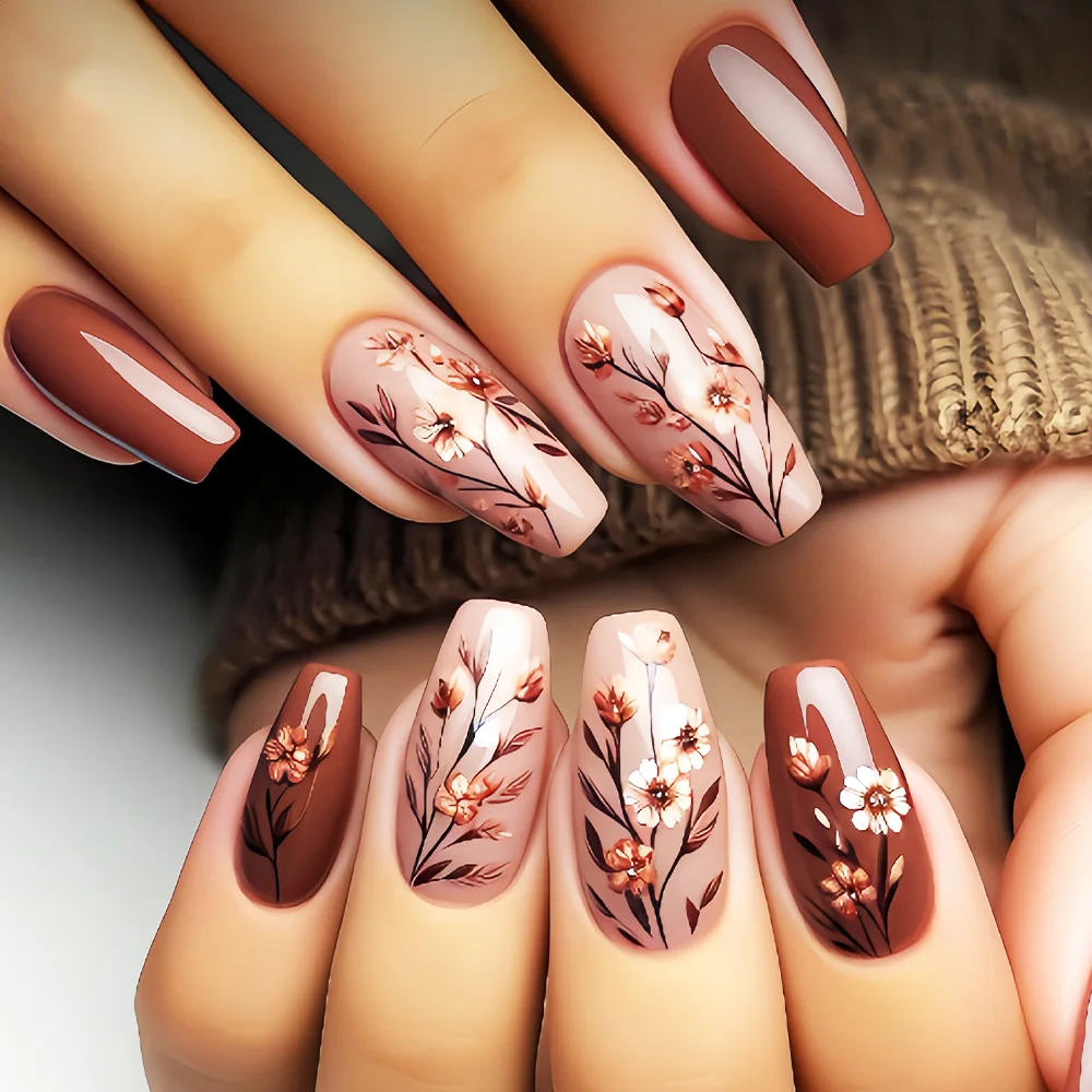 24 Stück/Set mittellanger Kunstnagel für Herbst und Winter, modische Ahornblätter, Blumen, braun, grün, weiß, rosa, zum Aufdrücken falscher Nägel