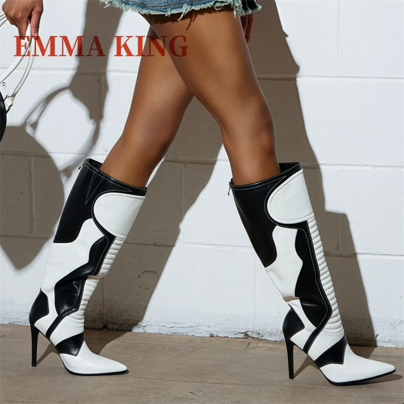 المرقعة النساء حذاء برقبة للركبة مثير مدبب تو كعب ستيليتو أحذية طويلة امرأة الرياضة نمط فارس الأحذية بوتاس دي موهير كبير 44