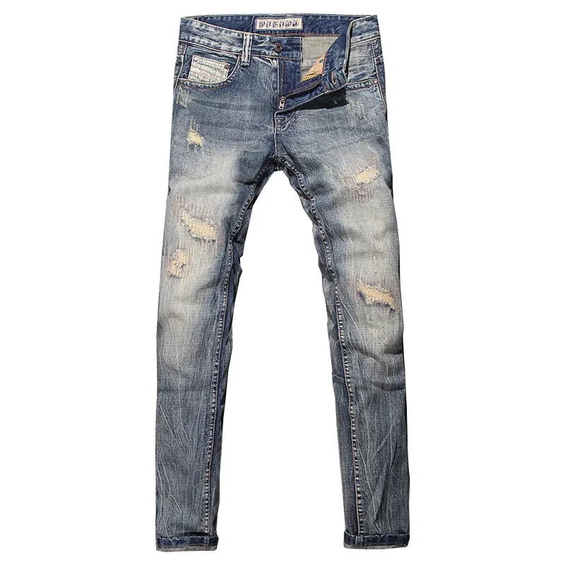 Fashion Streetwear Men Jeans Retro Washed Blue Stretch Slim Fit Ripped Jeans Men Patched Designer Vintage Denim Pants Hombre