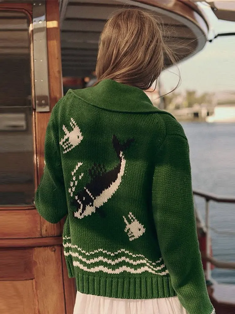 Jacquard Knit Cardigan Animal Print Sweater Woman Long Sleeve Vintage Single‑Breasted Knitted Coat Autumn Clothes Outerwear