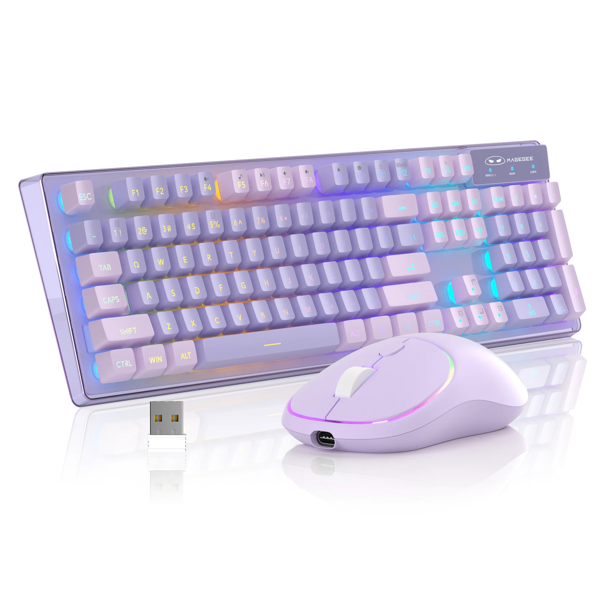 

Беспроводная игровая клавиатура и мышь MageGee V550, полноразмерные компьютерные клавиатуры со светодиодной подсветкой RGB 2,4G и прозрачным корпусом, перезаряжаемые