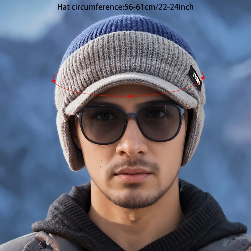 2pcs Men's Winter Warm Hat and Ear Muffs 2-in-1, Cold  Outdoor Set (ideal New Year Gift)