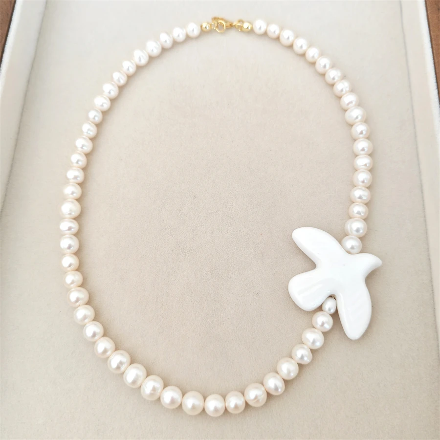 

Official-website Ceramic Peace Dove Pendant Freshwater Pearl Necklace For Women Gift 925 Sterling Silver White Bird Jewelry