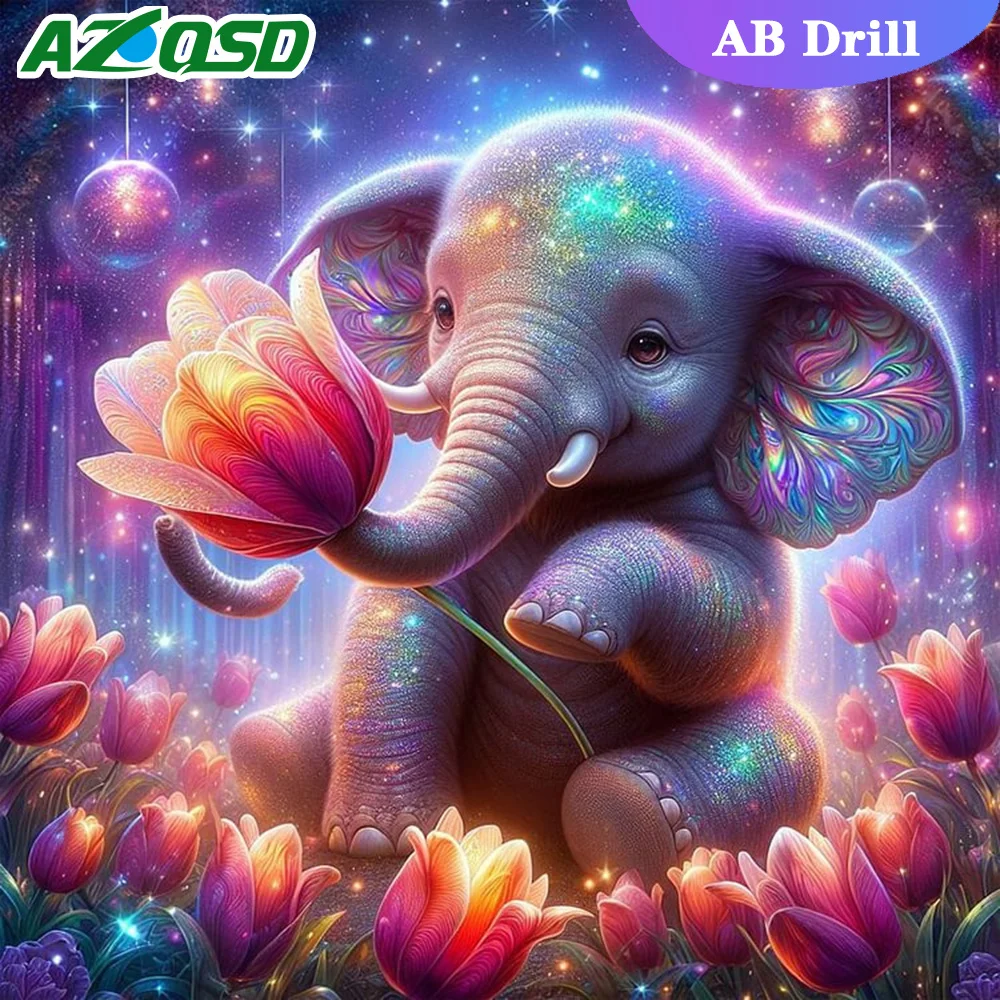 AZQSD Diamond Painting Elephant Animal AB Drill Cross Stitch Rhinestones Mosaic Flower Embroidery Full Kits Wall Decorative