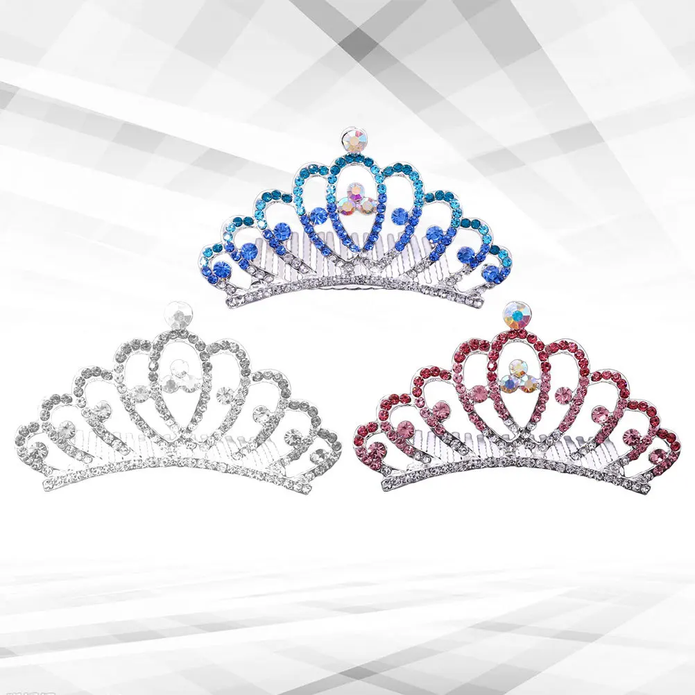 

3Pcs Kids Crown Comb Crystal Tiara Hair Accessories for Party Birthday Prom Girls Headband Blue Pink Diamond