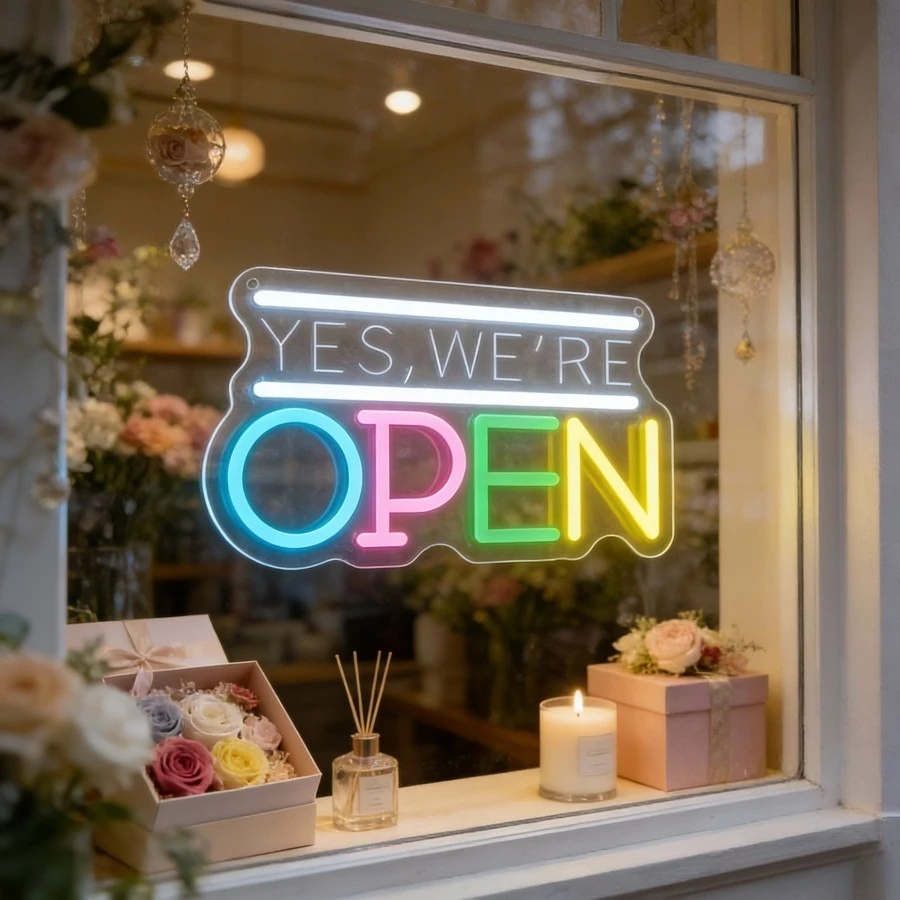 

Неоновая вывеска «YES WE ARE OPEN» с LED-подсветкой для рекламы бизнеса, оформления витрин магазинов, кафе, баров, входных групп. Неоновые световые вывески-приветствия.