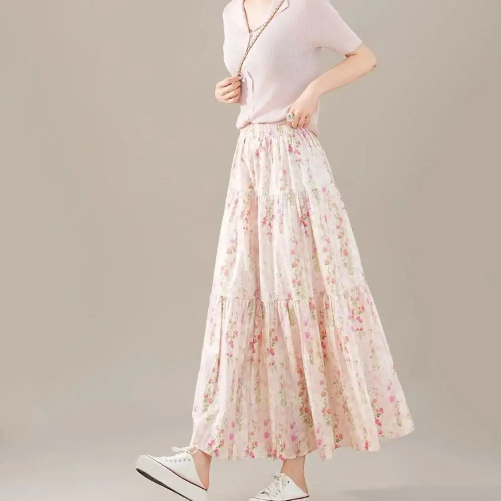

Streetwear High Waist Floral Long Skirt Women Thin Patchwork High Waist Long Skirt Sweet Flower A-line Tiered Skirt Girl