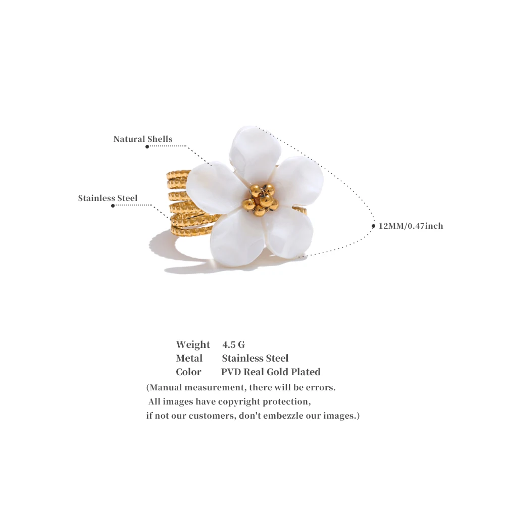 Yhpup Thicker Natural Shell Flower Open Gold Color Ring Fashion Stainless Steel Stylish Exquisite Waterproof Finger Jewelry