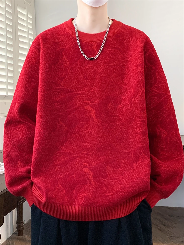 

Высококачественный красный вязаный свитер для мужчин, зимний, теплый, с длинными рукавами, круглым вырезом, повседневный, модный, из смесового хлопка, трикотаж.