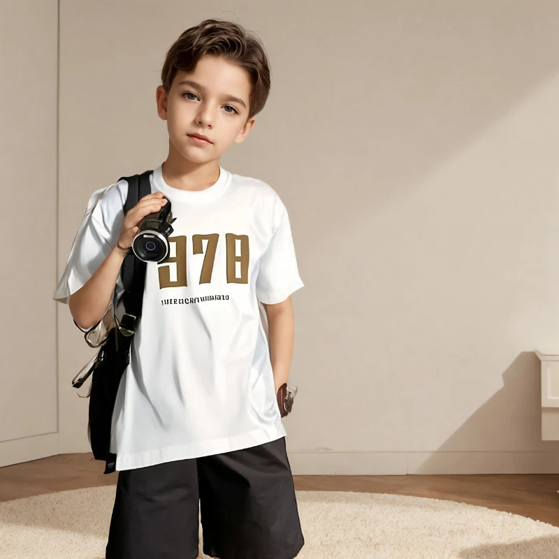 

2025 Summer New Children's Elegant Digital Printed Simple Street Style Cotton T-shirt