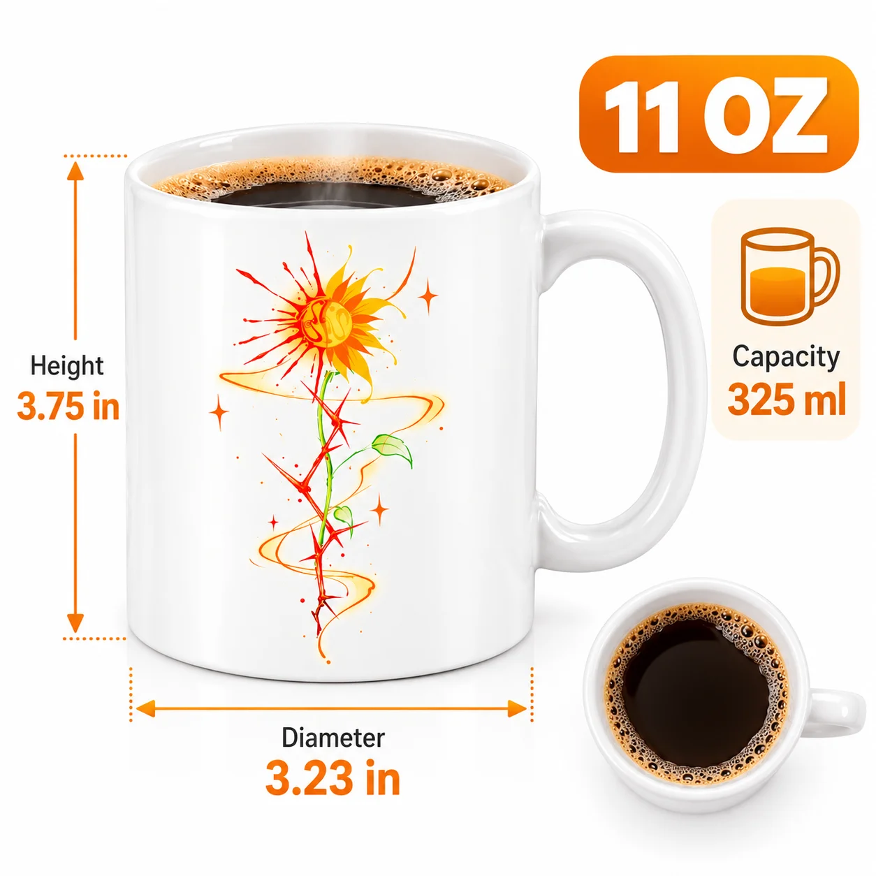 Sunflower Sun Art Mug, Hot Press Sublimation Ceramic Cup, Custom Print Floral Coffee Cup Gift