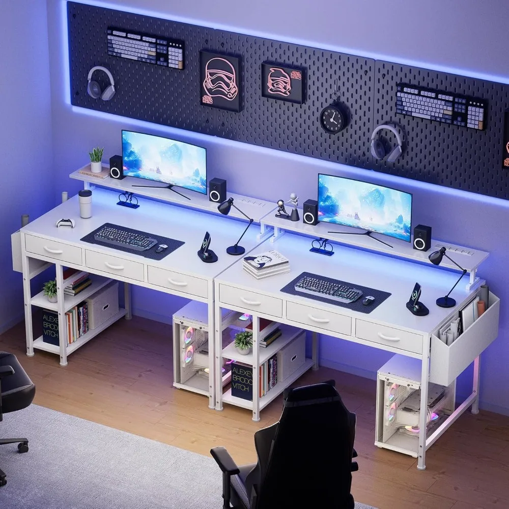 47 Inch Computer Desk with 3 Drawers, Gaming Desk with LED Lights and Adjustable Monitor Stand, Work from Home, Modern Work/Writ