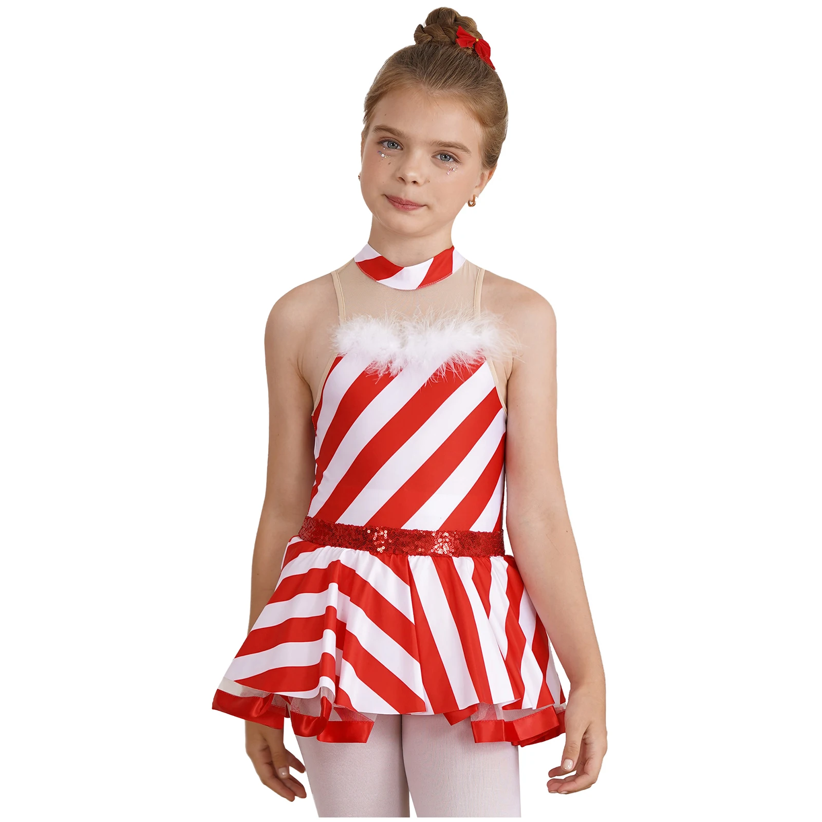 

Kids Girls Christmas Party Dress Candy Cane Costume Stripes Print Mock Neck Sleeveless Keyhole Back Mesh Patchwork Tutu Dress