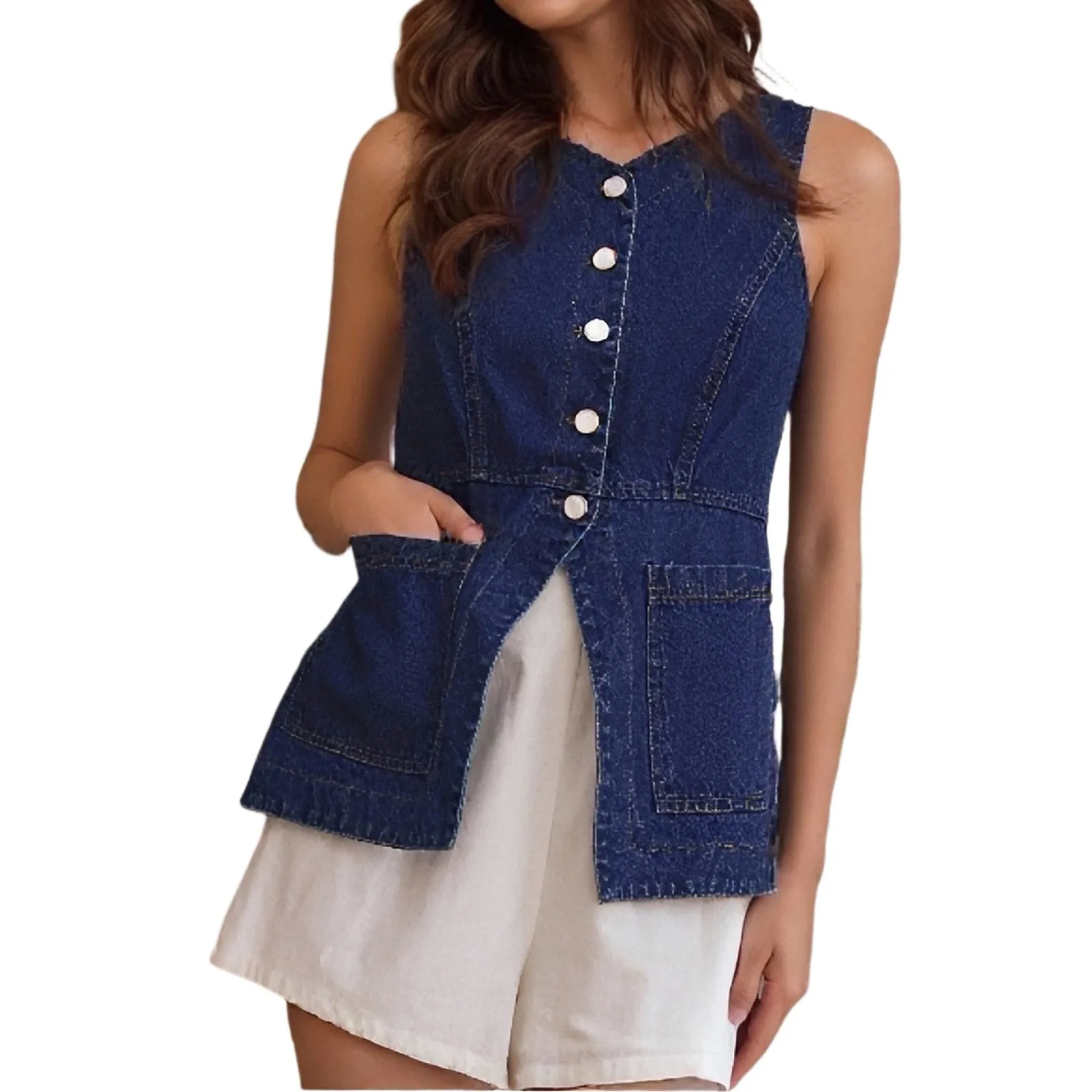Spring Summer New Amazon Independent Station European American Fashionable Sleeveless High-Waisted Loose-Fit Denim Short Jeans V