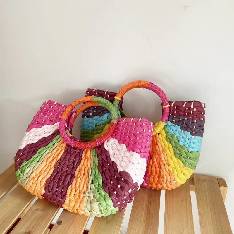 Bohemian Color Contrast Straw Bag Rainbow Color Design Women's Hand-made Paper Weaving Handbag Summer Seaside Holiday Beach Tote