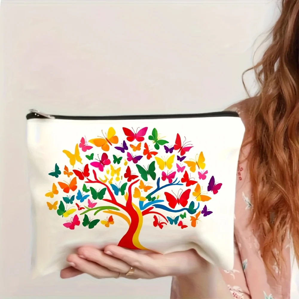 A Rainbow Tree Butterfly Printed Makeup Bag - Multi-functional Zipper Pouch, Jewelry Storage Bag