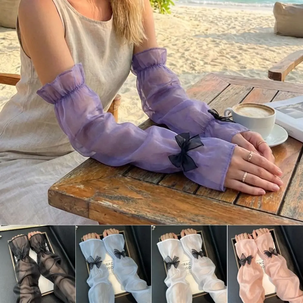 

Милые женские рукава из ледяного шелка с бантом, защита от солнца, свободный крой, в стиле феи, летние, для улицы