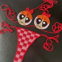 Red Pink Powerpuff Crochet Bikini Set Sexy String biquinis 2 pieces Checked Swimsuit Beachwear Green Bathing suit For Girls