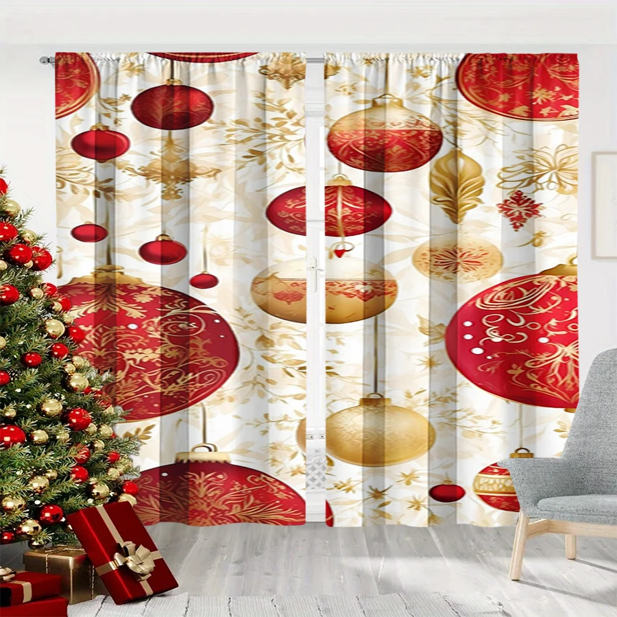 2PCS Christmas Winter Curtains, Red Gold Ball Ornament White Floral Pattern, Digital Print, Bedroom Living Room, Home Decor