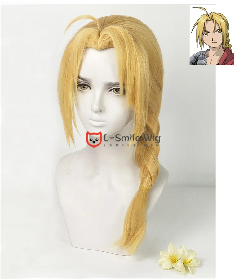 Edward Elric parrucca Cosplay intrecciata bionda lunga 50cm parrucche per capelli Cosplay resistenti al calore Anime + cappuccio per parrucca