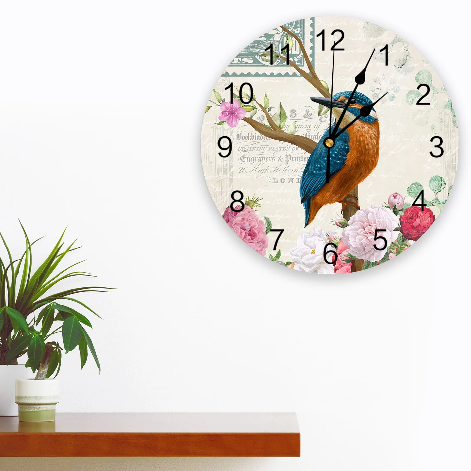 Vintage Flower Kingfisher Bedroom Wall Clock Large Modern Kitchen Dinning Round Wall Clocks Watches Living Room Watch Home Decor