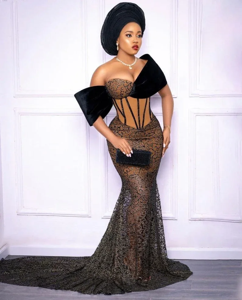 Aso Ebi African Evening Dresses Black Lace Mermaid Prom Gowns Off Shoulder Corset Chic Wedding Women Dress robes de soirée