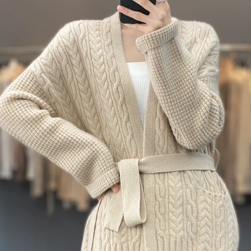 New Autumn Winter Wool Sweater Women's V-Neck Long Sleeve 100% Pure Wool Loose Belt Pocket Twist Pattern Thickened Knitted Coat