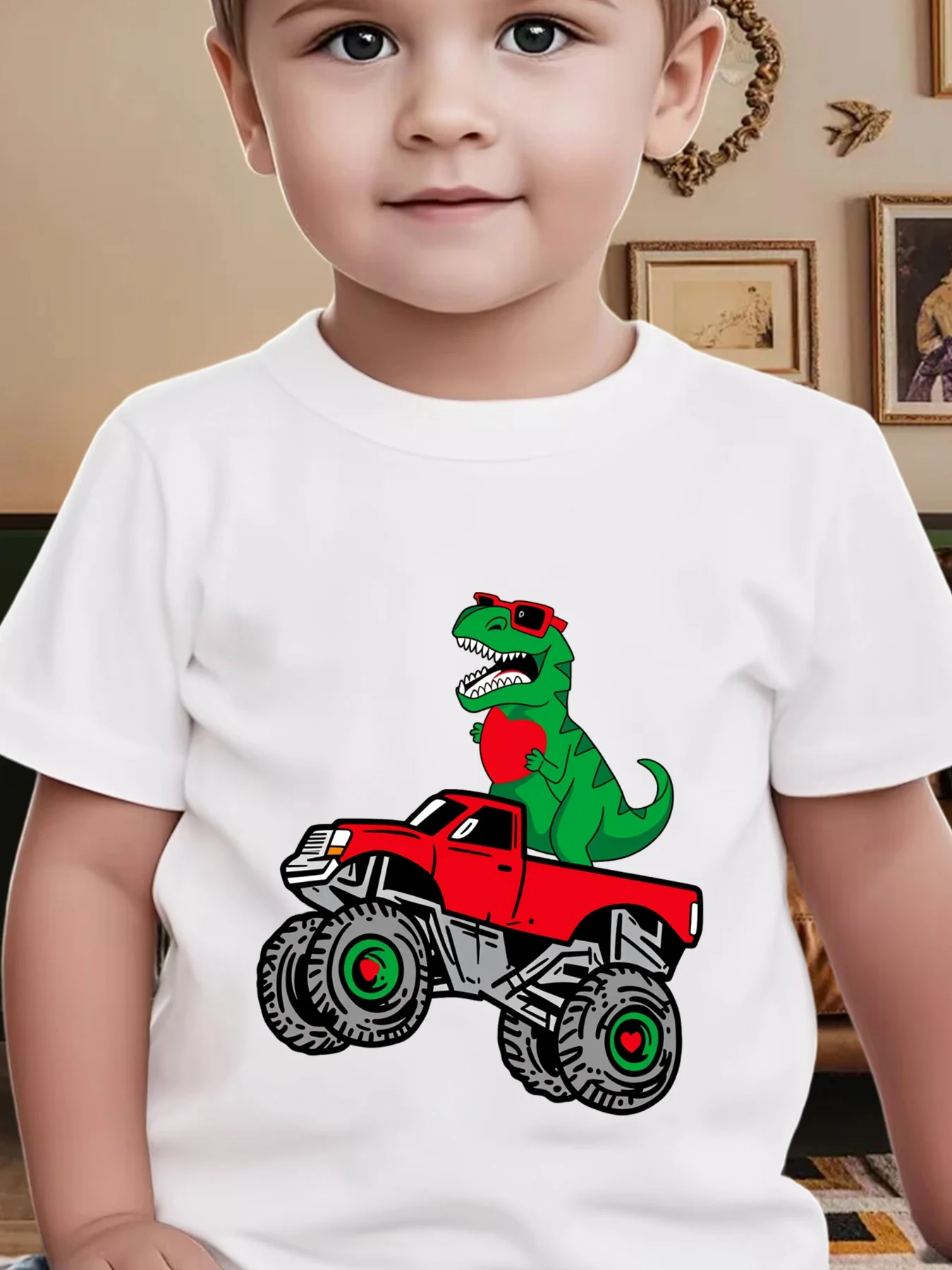 Toddler Boys Fashion Crew Neck Tee, Red Heart Car & Dinosaur Graphic, Spring Summer Clothing for Holiday Party & Birthday Gift