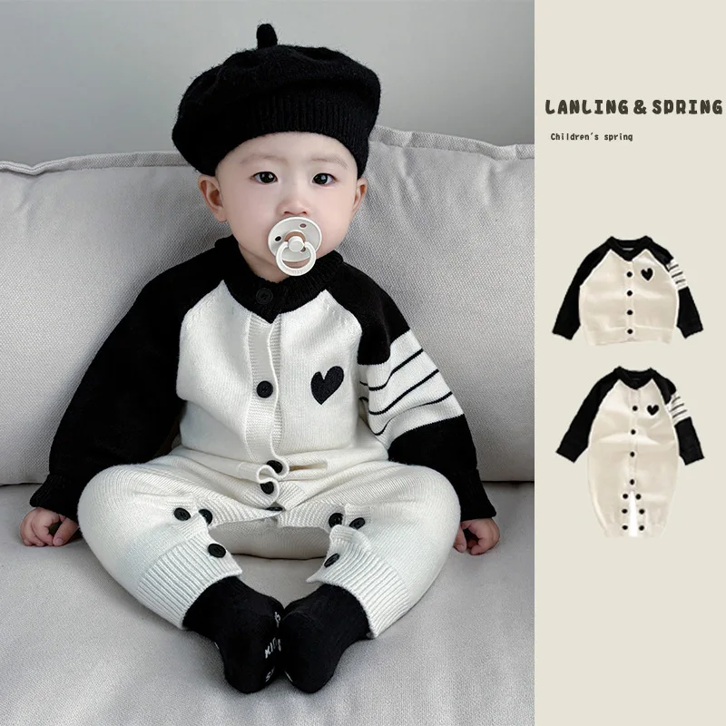 New Spring Autumn Kids Black Whitte Grey Patchwork Color Knitted Sweaters Long Sleeves Baby Rompers Newborn Boys Girls 1-3 Years