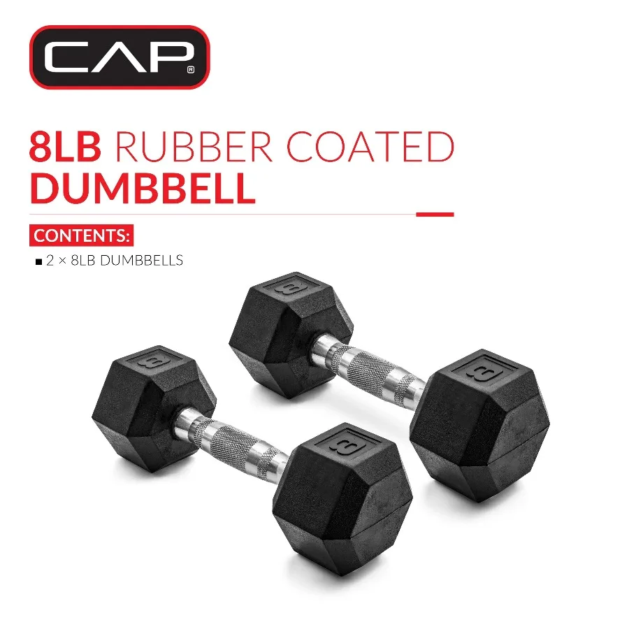 CAP Barbell, 8lb Coated Rubber Hex Dumbbell, Pair (No-Roll Design, Ergonomic Steel Handle, Durable Coated Weight)