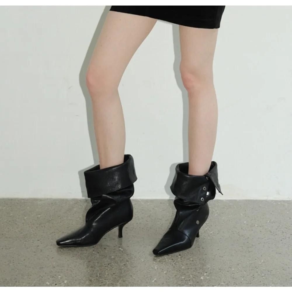 Elegante Stiefeletten mit feinem Absatz, Herbst-Neuheit, spitzer Zehenbereich, Nietenbesatz, rutschfeste, strapazierfähige, plissierte lange Stiefel