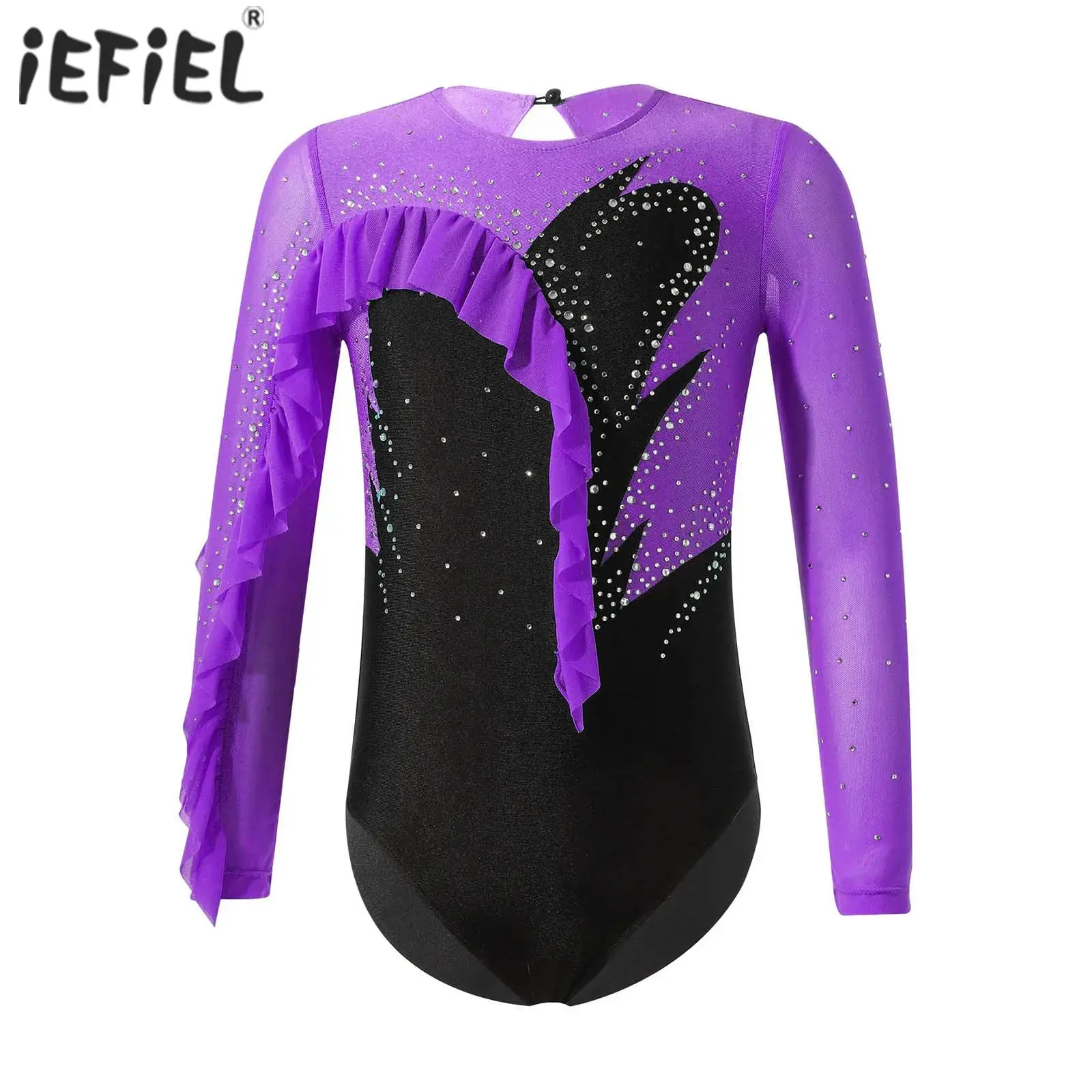 

Kids Girls Ballet Gymnastics Leotards Long Sleeve Rhinestone Ruffle Edge Figure Skating Dance Bodysuit Unitard for Stage Costume