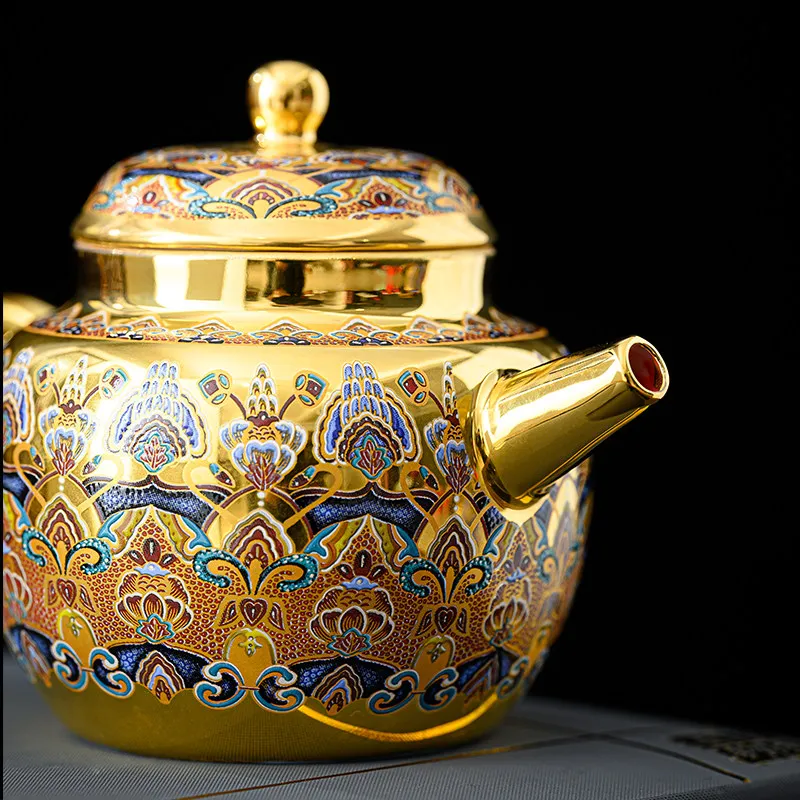 Handmade Dunhuang Impression Gilt Teapot Stacked Flowers Enamel Color Tea Brewer Teacup Cover Bowl Gold Cup Small Gold Pot 2