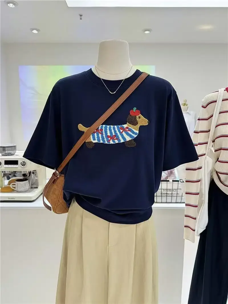 Summer Cute Dog Embroidered Round Neck Loose Cotton Short Sleeve T-shirt Top for Women