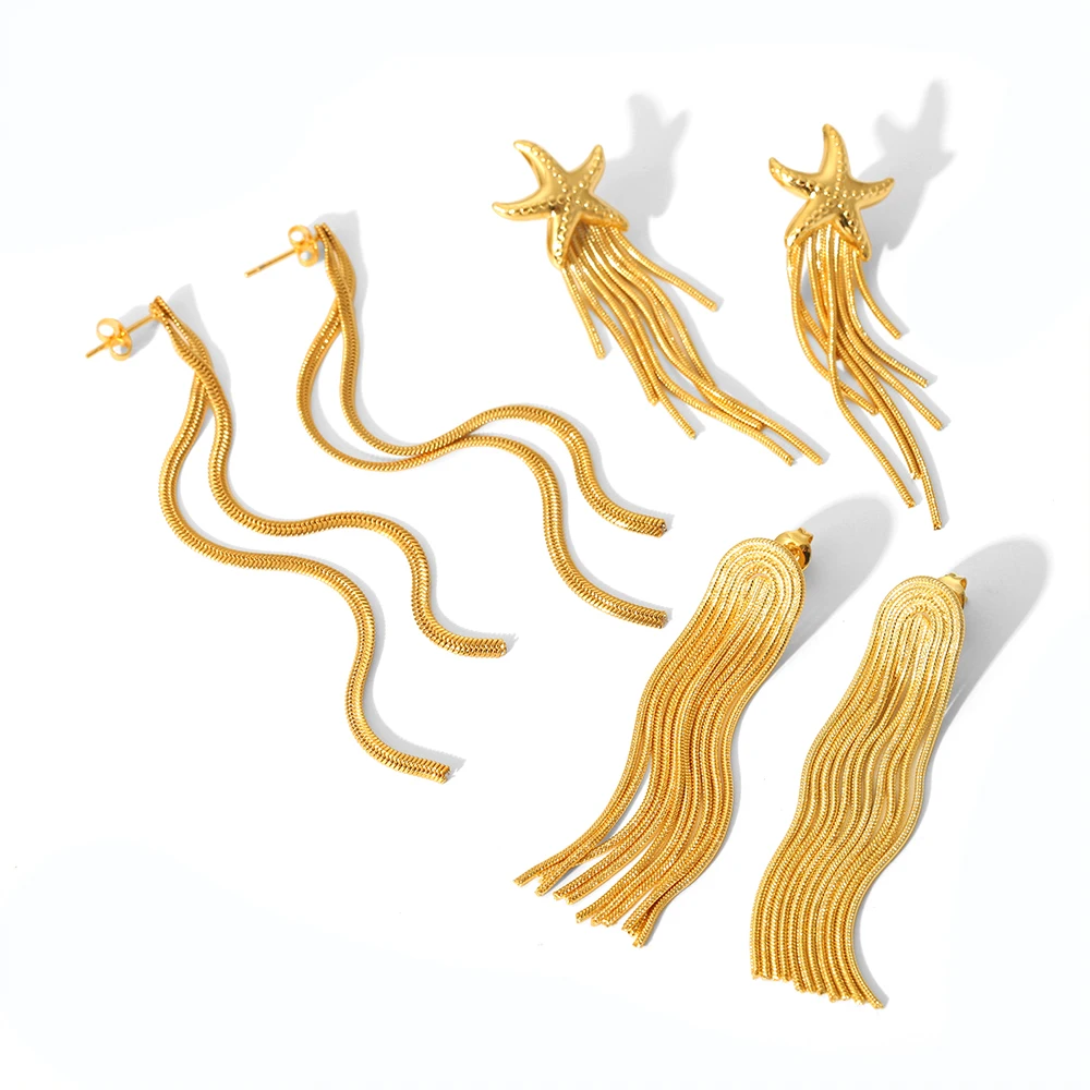 

Women Fashion Elegant 18k Gold Plated Snake Chain Tassel Earrings Stainless Steel Dainty Starfish Stud Earrings for Women Gifts