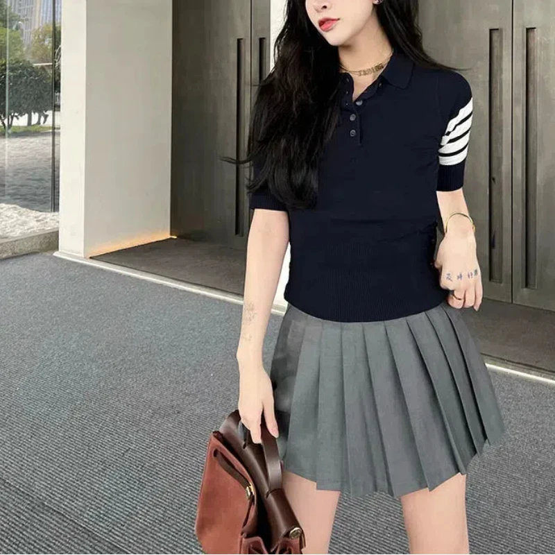 

Summer 2024 Women's New Patchwork Polo Shirts Button Fashion Solid Color Minimalist Casual All-match Short Sleeve T-Shirts Tops