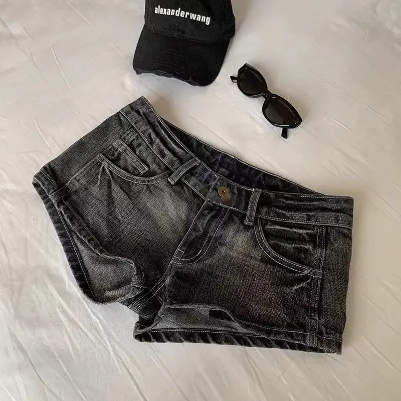 

Vintage Denim Shorts Women Summer Black Grey Washed Low Waist Elastic Skinny Hot Shorts Jeans