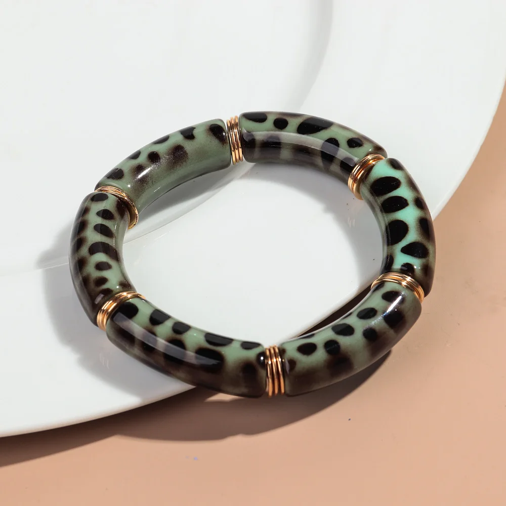Vintage Acryl Leopard Elastische Gebogene Rohr Perlen Armbänder Neue Stretch Dicken Armreif frauen Mode Schmuck Geschenke – Detail 11