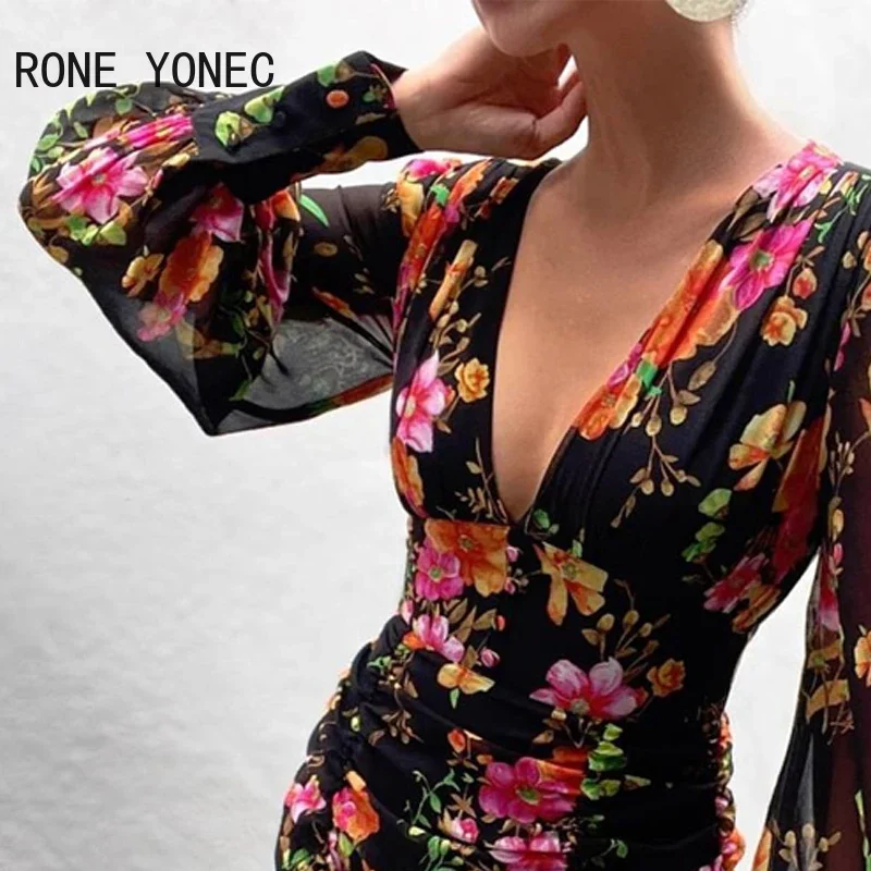 Women Floral Print V-neck Lantern Sleeve Tight Waist Dress Vacation Dress 2021