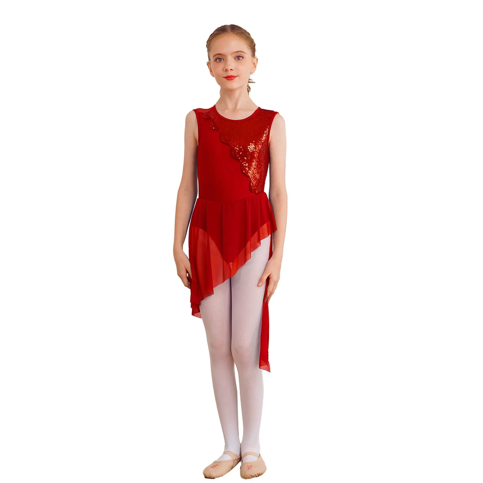 Hot Kids Girls Lyrical Dance Dress Modern Contemporary Ballet Costume Shiny Sequins Sleeveless Irregular Hem Chiffon Dancewear