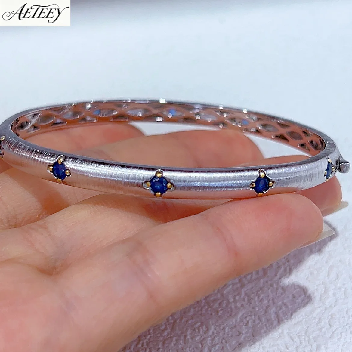AETEEY S925 Silver Platinum Plated Bangle Inlaid 3*10MM Sapphire Zircon Light Luxury Women Wrist Jewelry