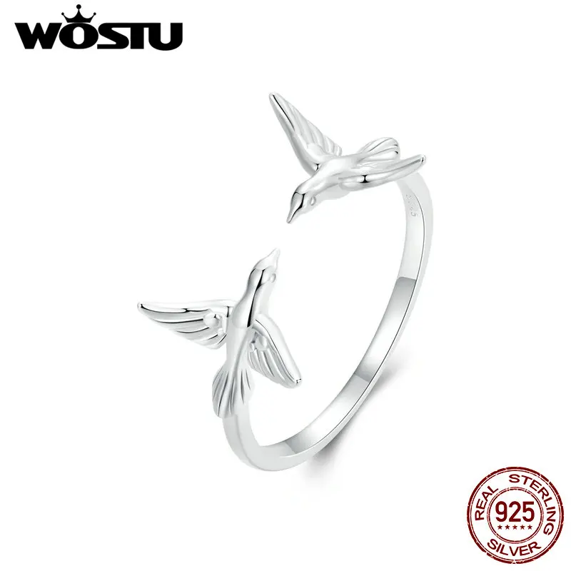 WOSTU Real 925 Sterling Silver Double Kingfisher Opening Ring For Women Cute Bird Stackable Rings Jewelry Gift Party Accessories